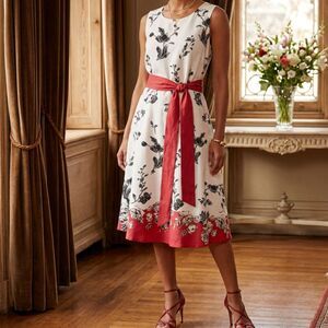 Yaly Couture Romantic Tomato Girl Floral Sleeveless Linen Midi Dress with Sash